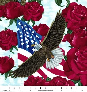 State Bird Flower American Bald Eagle American Beauty Rose Fabric 2/3 YD - Picture 1 of 8