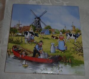 Vintage Ceramic Tile with Color Image of Life on a Dutch Dairy Farm