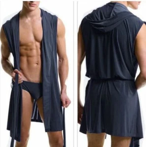 New BLUE mens bathrobe with hood sleepwear pyjamas sexy silky soft L XXL - Picture 1 of 1