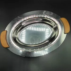 Vintage Silver Chrome Serving Dish Bowl Mid Century Modern Decor Wood Handles - Picture 1 of 8