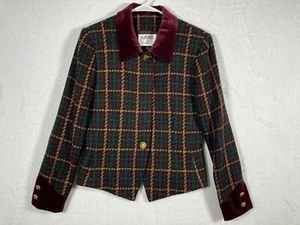 Kasper for ASL Womens Plaid Wool Blend Blazer Jacket Size 6 Velvet Collar Maroon - Picture 1 of 10