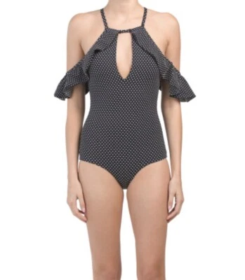 Precioso traje de baño rojo Carter de una pieza a lunares negro talla mediana fuera del hombro Foto 1 de 2