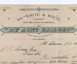 1887 Theater Briefkopf Meine Tante Bridget irische Komödie Spiel Monroe und Reis - Bild 1 von 3