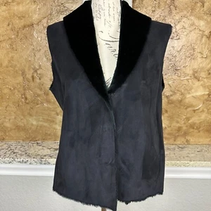 Lauren Ralph Lauren Vest Womens Large Black Faux Suede Fur Trim Mob Wife - Picture 1 of 9