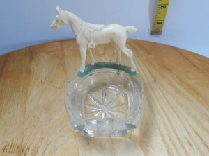 Vintage Horse Shoe Glass Ashtray With Plastic Horse Statue - Picture 1 of 6