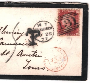 GB QV 1d Cover Edinburgh *DOTTED CIRCLE* Duplex 1877 France TAXE 5c Charge XD51 - Picture 1 of 15