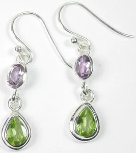 Pendientes colgantes PLATA ESTERLINA con lágrimas de peridoto y amatista madre de la novia - Imagen 1 de 1
