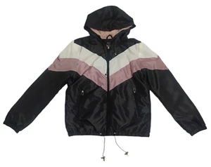 Delias Vintage 90s Retro Jacket Wind Breaker Fur Zip Color Block Black LARGE - Picture 1 of 6