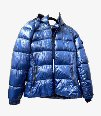 Casaco acolchoado feminino Michael Kors tamanho grande azul com acabamento de pele sintética jaqueta com capuz - Imagem 1 de 4