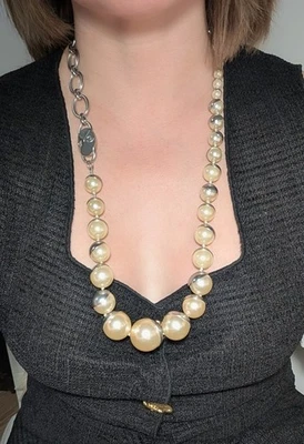 Vintage Christian Dior Chunky Faux Pearl Matte Silver Tone Necklace 25-26” - Image 1 of 4