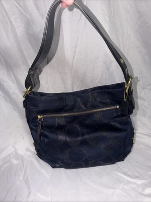 Bolso de hombro vintage Y2K Coach Hobo en azul marino. Jacquard Signature  Foto 1 de 4