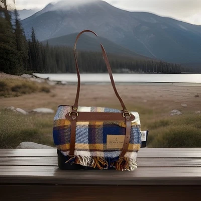 Pendleton Motor Robe Fringed Blanket w Leather Carrier Harness Shelter Bay Plaid - Image 1 of 4