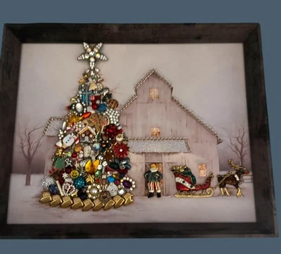 Original Designs Christmas Jewelry Tree Barn Scene Framed Art Mixed Media 15"x12 - Image 1 of 4