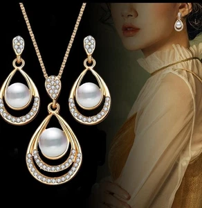 Damen Perlen Anhänger Halskette Ohrring  Set Valentinstag Muttertag Party  - Bild 1 von 2