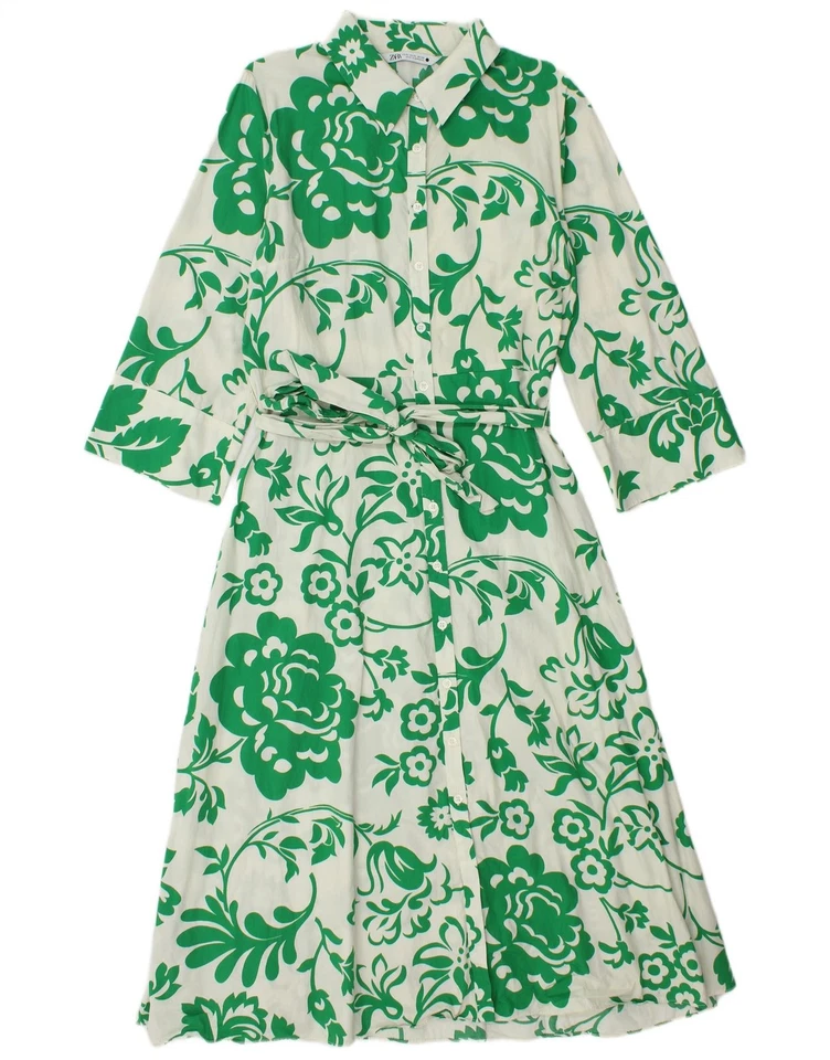 Maxi Vestido Camisa Manga 3/4 ZARA Mujer Reino Unido 18 XL Gris Floral Algodón DR16 Foto 1 de 3