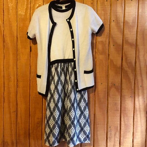 VTG Mollie Parnis Boutique NY black white knit dress cardigan set pointelle S - Picture 1 of 10