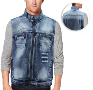 Men's Distressed Full Zip Up Casual Cotton Blue Denim Biker Jean Jacket Vest - Picture 1 of 4