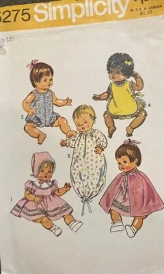 Vintage Simplicity 5275 12" Baby Doll Wardrobe Clothes Pattern 70s Dress Bonnet  - Image 1 of 4