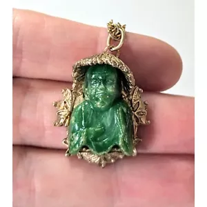 Vintage FLORENZA Gold Tone Faux Jade Asian Coolie Man Pendant Chain Necklace - Picture 1 of 9