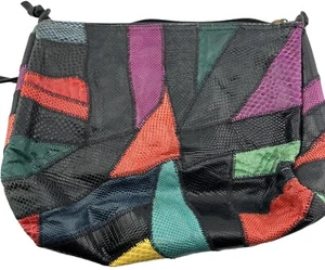 Vintage 1980’s Purse Handbag Colorful Abstract Snakeskin Patchwork On Black 10” - Picture 1 of 4
