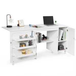Folding Sewing Table Shelves Storage Cabinet Craft Cart W/Wheels Large White - Picture 1 of 12