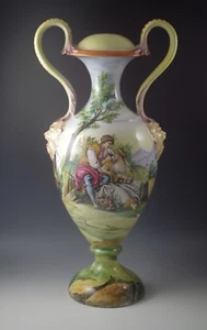 vtg ITALIAN POTTERY MAJOLICA ISTORIATO PASTORAL LAMP BASE GARGOYLE HANDLE signed - Picture 1 of 8