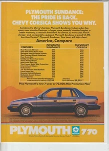 Original 1987 Plymouth Sundance Magazin Werbung Korsika vergleichen - Bild 1 von 1