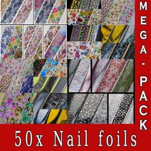 50 x Nail Foils Mixed Nail Art Transfer Foil Wraps Decal Glitter Stickers - Picture 1 of 13