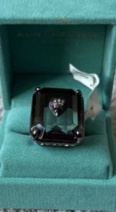 KURT GEIGER LONDON LARGE BLACK/SILVER TONE EMERALD CUT COCKTAIL RING NEW Size-9 - Picture 1 of 8
