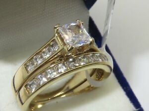 Gold engagement ring princess square 2pcs cz set wedding band bridal new 1895