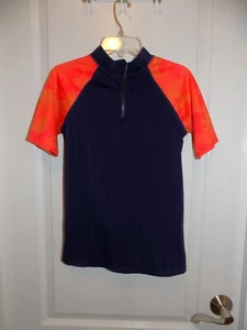 LANDS END Boys Swim Blue Orange Rash Guard Shirt Small 7/8 Zipper Short Sleeve - Picture 1 of 3