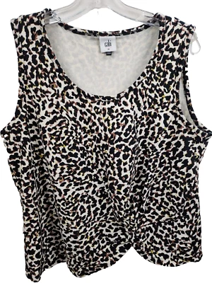Camiseta sin mangas CAbi para mujer con estampado de leopardo mediana negra marrón dobladillo anudado informal #5759 Foto 1 de 4