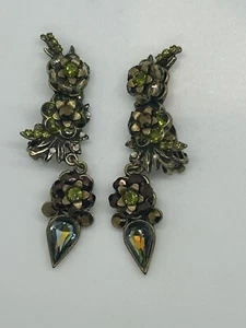 Michal Negrin Earrings Climber Colorful Dainty Flowers Crystals Clip On Signed - Picture 1 of 6
