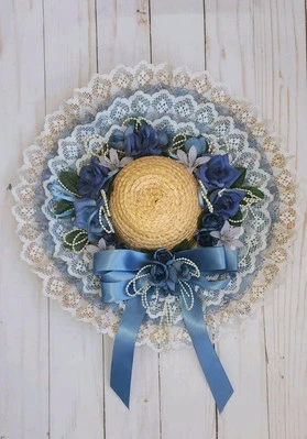 Sombrero de Paja Vintage Capas Encaje PERLAS Cinta Azul ROSAS 12" ESTILO VICTORIANO  Foto 1 de 4
