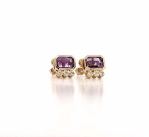 Natural Amethyst and Diamonds Gemstone 10k Yellow Gold Studs Earrings - Picture 1 of 4
