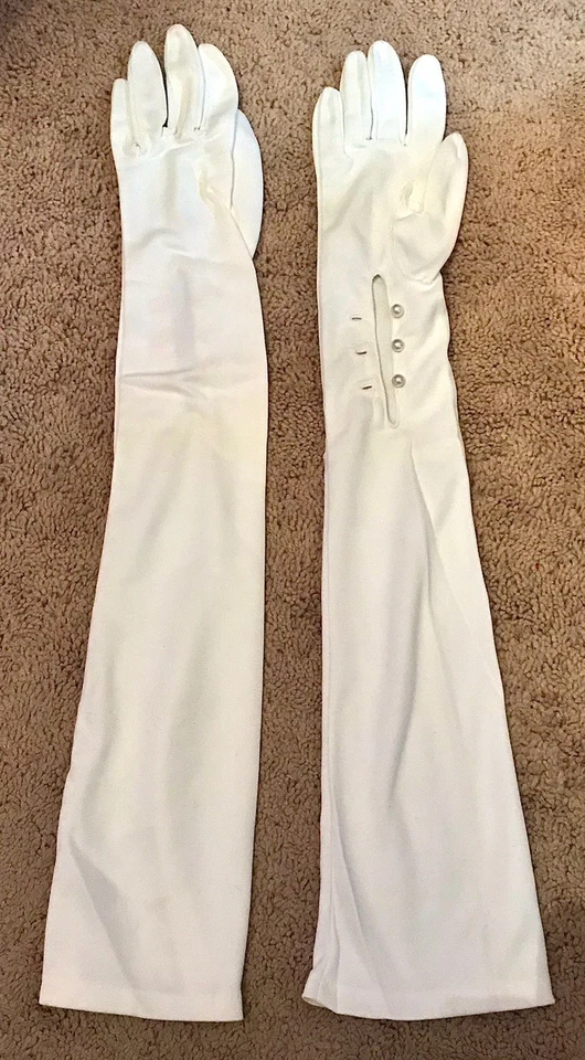 "Guantes de ópera blancos de nailon vintage de los años 50 21"" de largo 3 botones de perlas bolsa de 6 1/2 con" Foto 1 de 4