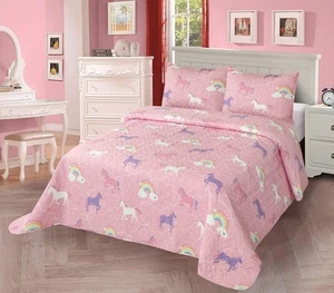 2pc Twin Quilt Bedspread Set Kids/Teens Girls Unicorn Twin, Rainbow - Picture 1 of 2