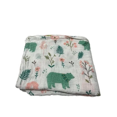 Детское одеяло из муслина с розовыми цветами и зеленым медведем - Изображение 1 из 3