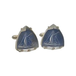 Vintage SWANK Cufflinks Intaglio Iridescent Blue Glass Ship Sailing Boat Mens - Foto 1 di 9