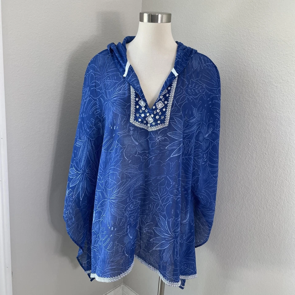 Tommy Bahama Poncho Pullover Mujer XL Azul Floral Con Capucha Transparente Túnica Cubrir Foto 1 de 4