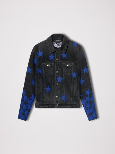 Giacca denim Amiri autentica nuova con etichette Star Rocker Alchemist nero e blu taglia S