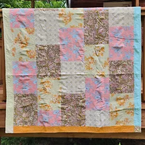 Vtg Patchwork Quilt Twin Bedspread Or Throw Boho Olive Pink Blanket - Picture 1 of 9