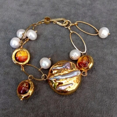 Cultured White Keshi Pearl Brown Murano Glass Beaded Bracelet - Image 1 of 4