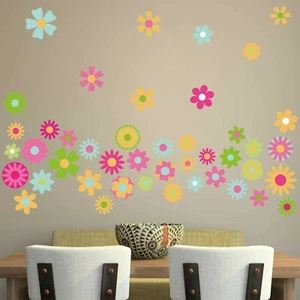 RETRO FLOWERS WALL STICKERS PACK 60s 70s vintage floral hippy decal pink orange - Picture 1 of 3