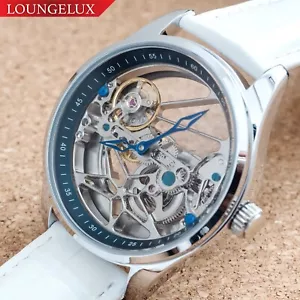Mens Flywheel Bridge Movement Automatic Mechanical Watch Silver White Leather - Picture 1 of 12