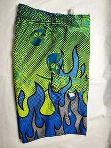 Joe Boxer Mens 30 Board Shorts Swim Trunks Green Blue Skull Crossbones Fire - Picture 1 of 4