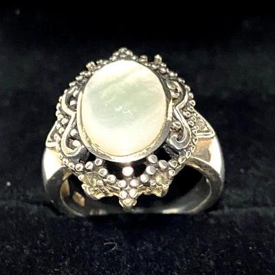 Красивое викторианское кольцо из стерлингового серебра 925 пробы с перламутром размер 8 овальный драгоценный камень - Изображение 1 из 4
