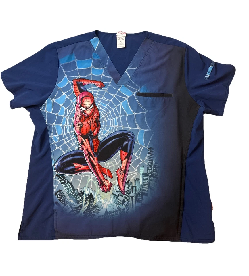 Y2K Marvel AOP Spider Man Scrub Top Unisex Size XL All Over Print City Skyline - Image 1 of 4