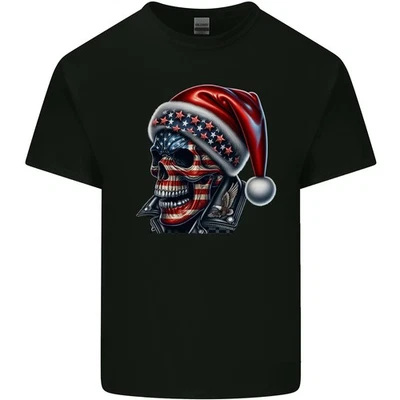 American Christmas Skull Xmas USA Flag Biker Kids T-Shirt Childrens - Image 1 of 3