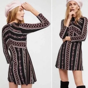 Free People Stella Mini Dress Black Mock Neck Retro Boho Size M Long Sleeve - Picture 1 of 11